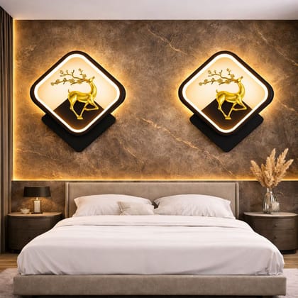SPARKWORLD Square Reindeer LED Wall Light | Black Finish Wall Lamp with Artistic Golden Reindeer | Modern Decorative Accent Light | Size: 21X32 cm | Colour: Square Reindeer (Black)