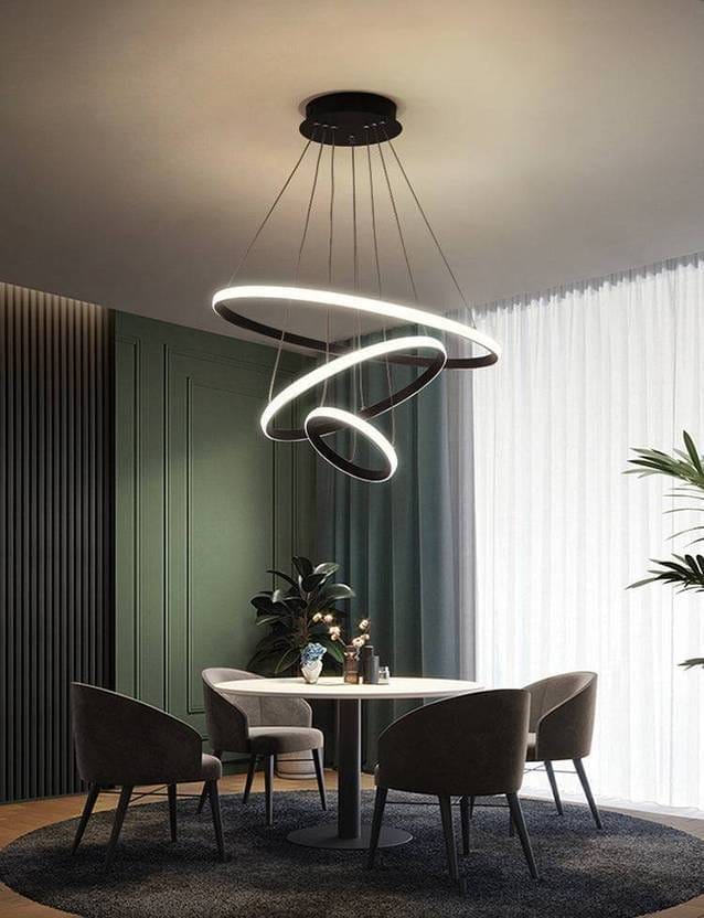 SPARKWORLD Modern 3-Ring LED Chandelier Ceiling Lamp | Black Finish with 3 Color Modes | Ideal for Living Room & Hall | Colour: RIng Jhumar Black