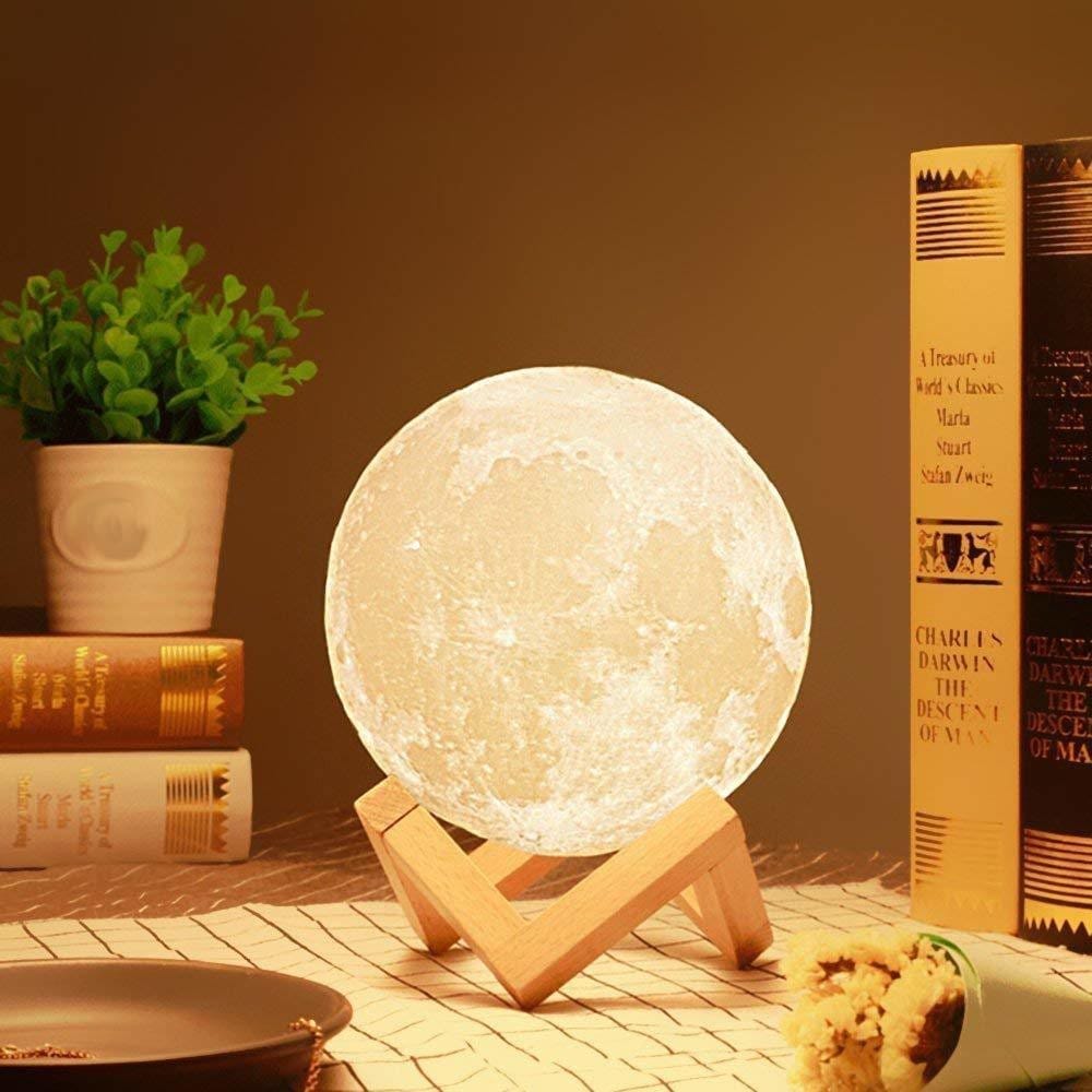 SPARKWORLD 3D Moon LED Night Lamp with Wooden Stand Rechargeable Touch Sensor Light for Bedroom, Gift & Home Decor (Warm & White Light) | Size: 15x 15 cm