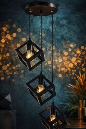 SPARKWORLD Hanging Cube 3-Layer Pendant Ceiling Light | Modern Metal Cage Hanging Lamp for Home & Commercial Decor | Size: 20X20 cm | Colour: Cube (Set of 3)