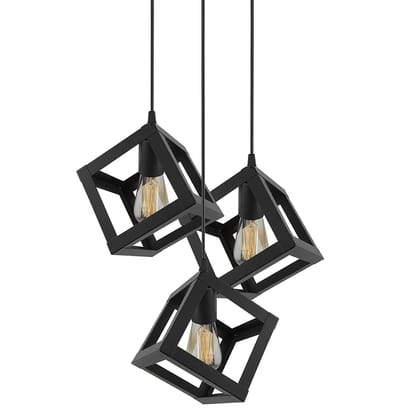 SPARKWORLD Modern 3-Light Cube Pendant Hanging Lamp Geometric Metal Chandelier for Dining Room, Caf, Living Room & Home Decor (Black Finish) | Size: 20X25 cm | Colour: Cube (Set of 3)