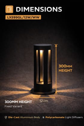 SPARKWORLD Outdoor bollard light, garden pathway light, LED floor light, outdoor LED lamp, warm white garden light, bollard lamp black, landscape lighting India | Colour: LX599GL/12W