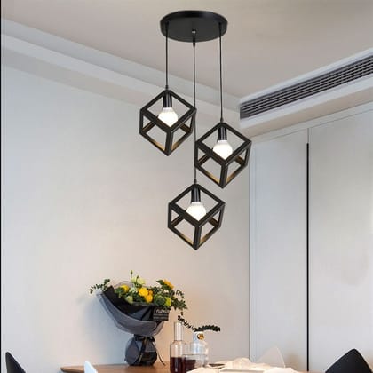 SPARKWORLD Modern 3-Light Cube Pendant Hanging Lamp Geometric Metal Chandelier for Dining Room, Caf, Living Room & Home Decor (Black Finish) | Size: 20X25 cm | Colour: Cube (Set of 3)