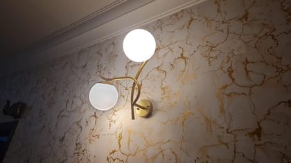 SPARKWORLD Modern Dual Globe Wall Light Golden Metal Frame with Milky Glass Spheres for Bedroom, Living Room & Lounge Decor | Colour: Double Globe