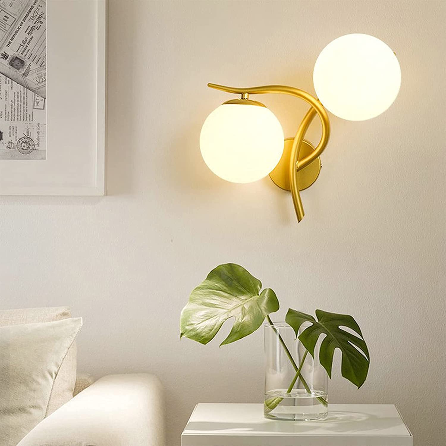 SPARKWORLD Modern Dual Globe Wall Light Golden Metal Frame with Milky Glass Spheres for Bedroom, Living Room & Lounge Decor | Colour: Double Globe