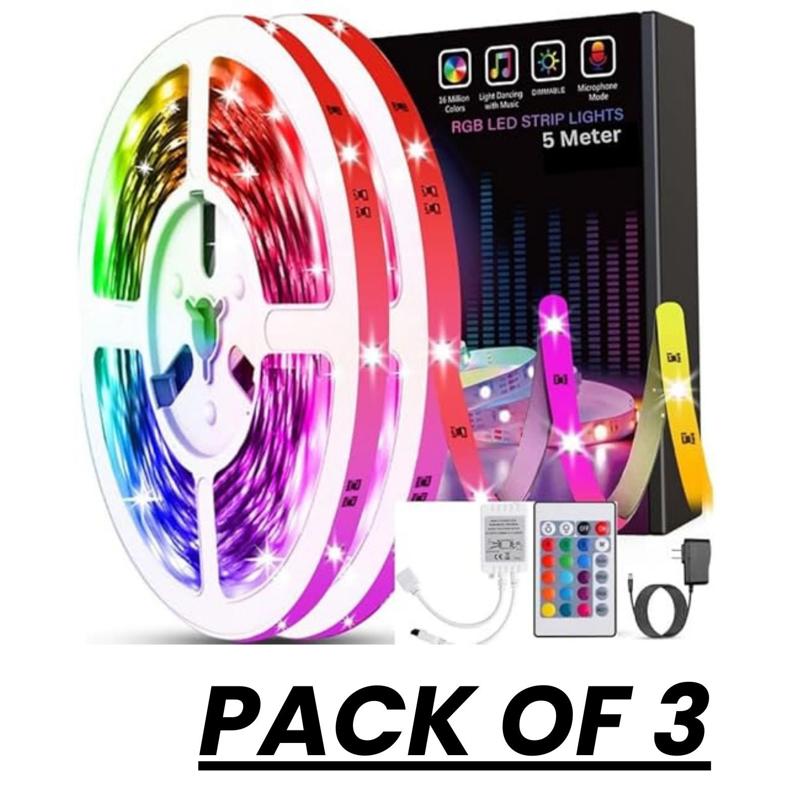 SPARKWORLD RGB LED Strip Lights 5 Meter Music Sync, Remote Controlled, Multicolor Mood Lighting (Pack of 3) | Colour: RGB With Remote