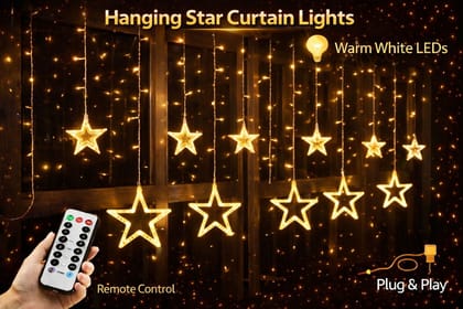 SPARKWORLD Star Curtain String Lights | 12 LED Stars | Warm White Hanging Fairy Lights for Diwali, Christmas & Home Decor (7.5 Feet, Plug-in) | Size: 3.51 m | Colour: Yellow