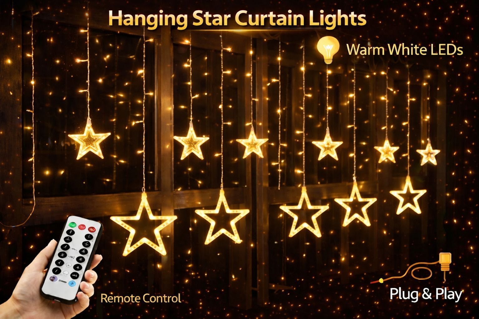 SPARKWORLD Star Curtain String Lights | 12 LED Stars | Warm White Hanging Fairy Lights for Diwali, Christmas & Home Decor (7.5 Feet, Plug-in) | Size: 3.51 m | Colour: Yellow