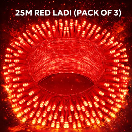 SPARKWORLD 21 Meter Red LED Decorative Ladi Light (Pack of 3) | Bright Festival String Lights for Diwali, Christmas, Wedding & Home Decoration