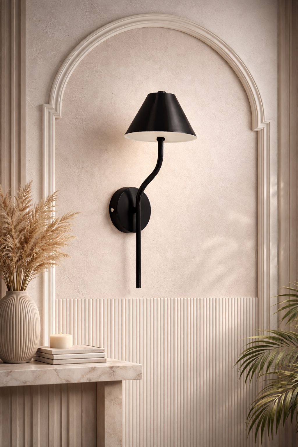 SPARKWORLD Modern Black Metal Wall Lamp with Fabric Shade | Decorative Wall Light for Bedroom, Living Room & Hall | Colour: Modern Brass Curved (Black)