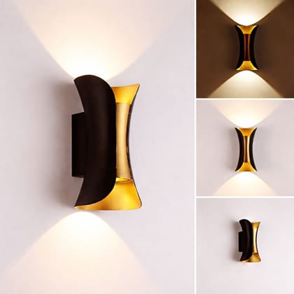 SPARKWORLD 10W Up-Down Curve LED Wall Light (Pack of 2) Warm White, Black & Gold Finish, IP65 Waterproof | Size: 4X7 cm | Colour: Up and Down Curve (Pack of 2)