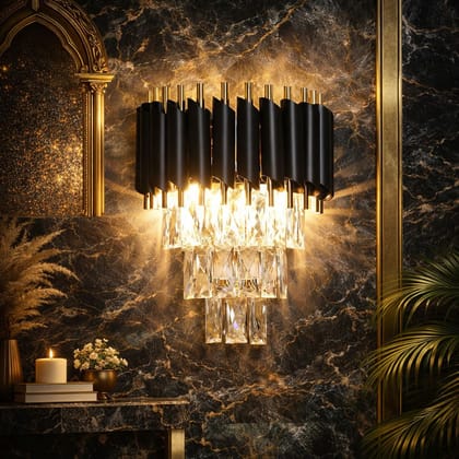 SPARKWORLD Black Mamba Tiered Crystal Wall Sconce Modern Black & Gold Metal Wall Lamp with Cascading Glass Prisms | Size: 24X41 cm