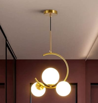 SPARKWORLD 3-Moon Pendant Hanging Ceiling Lamp Brass Effect | Frosted Glass Shade | Modern Hanging Light for Bedroom, Living Room, Caf & Hall | Colour: Golden