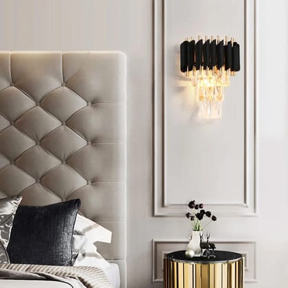 SPARKWORLD Black Mamba Tiered Crystal Wall Sconce Modern Black & Gold Metal Wall Lamp with Cascading Glass Prisms | Size: 24X41 cm