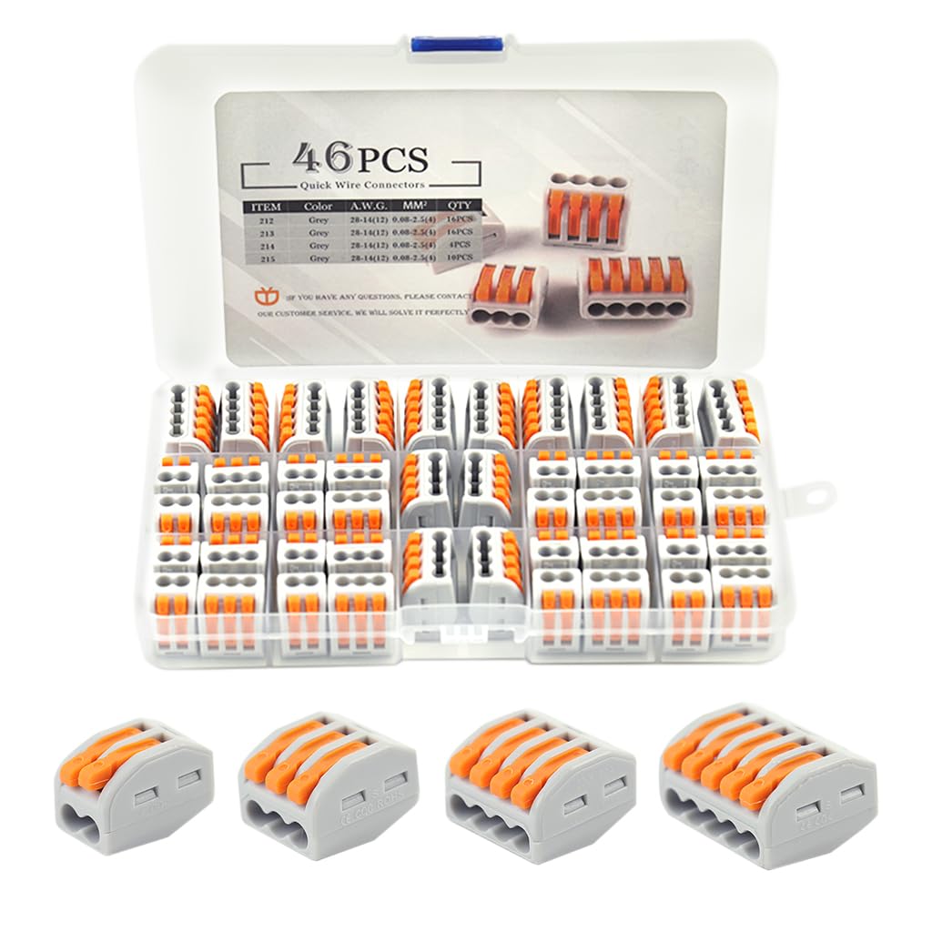 SPARKWORLD 46PCS Quick Wire Connector Kit | Reusable Electrical Cable Connectors | 2/3/4/5 Port Push Lever Terminal Block Se | Colour: 46 Pcs
