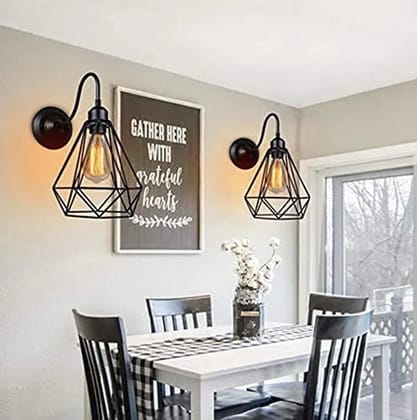 SPARKWORLD Antique Wall Decorative Diamond Cage Pendant Hanging Light for Indoor, Outdoor - ST64 Filament Bulb Included (Black, Metal) - Pack of 2
