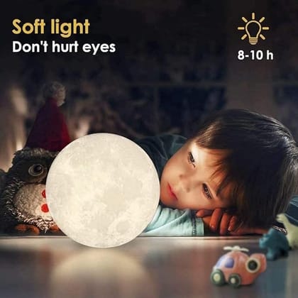 SPARKWORLD 3D Moon LED Night Lamp with Wooden Stand Rechargeable Touch Sensor Light for Bedroom, Gift & Home Decor (Warm & White Light) | Size: 15x 15 cm