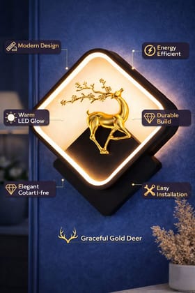 SPARKWORLD Square Reindeer LED Wall Light | Black Finish Wall Lamp with Artistic Golden Reindeer | Modern Decorative Accent Light | Size: 21X32 cm | Colour: Square Reindeer (Black)