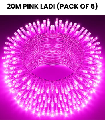SPARKWORLD 20 Meter Pink LED Decorative Ladi (Pack of 5) | Waterproof Rice Lights for Festivals, Home & Outdoor Decor