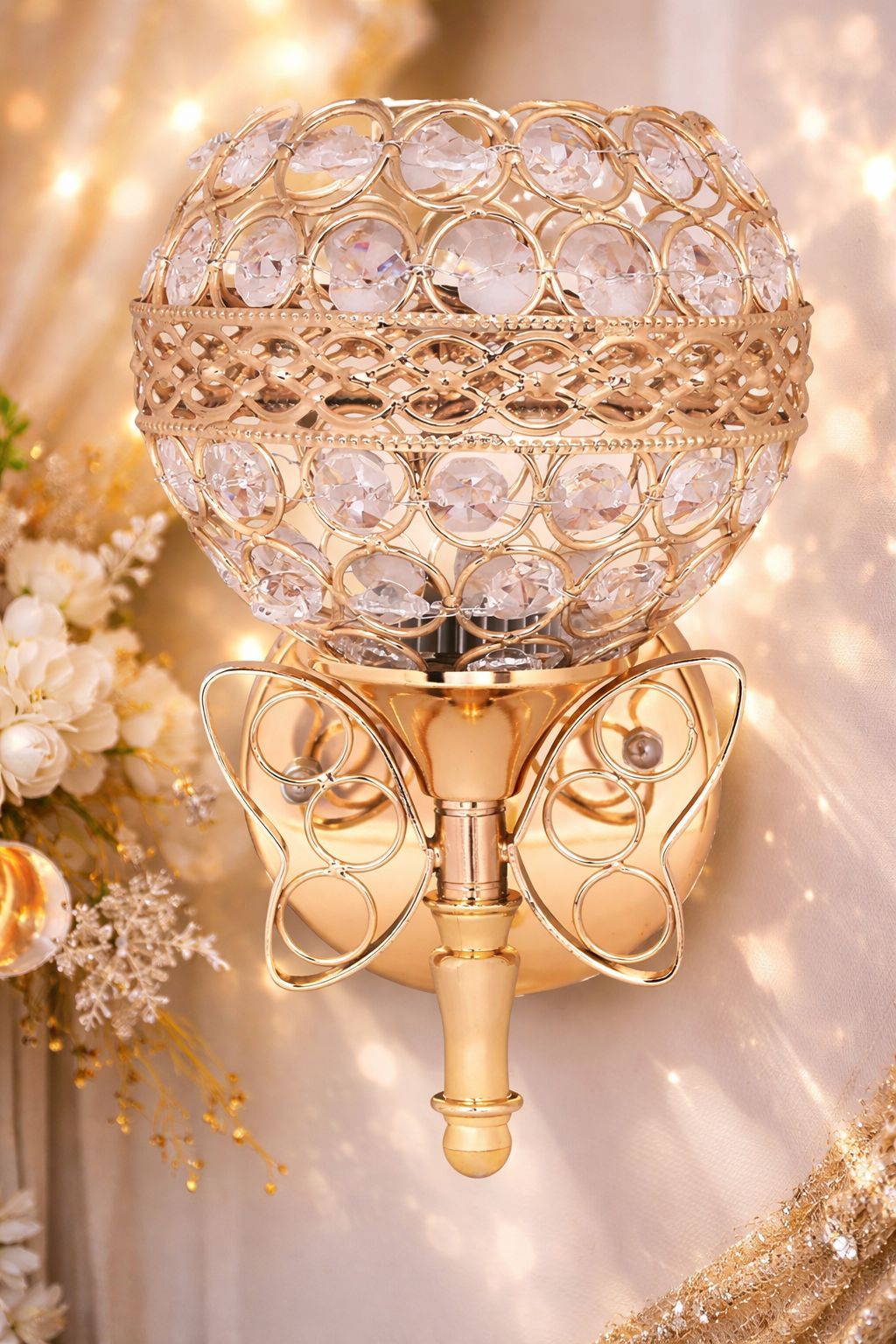 SPARKWORLD Golden Crystal Wall Lamp with Butterfly Design | Decorative LED Wall Light for Home, Hallway, Bedroom & Living Room | Size: 14X20 cm | Colour: Butterfly Sconce