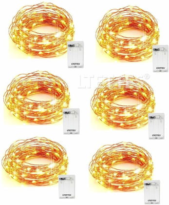 SPARKWORLD Warm White Battery Fairy Copper Wire Lights 6 Sets of 5m LED String Lights for Decoration (Pack of 6) | Size: 3.02 m | Colour: Yellow