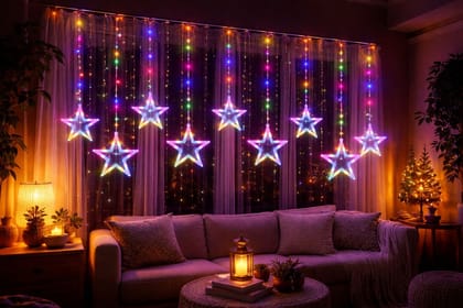 SPARKWORLD Multicolor LED Star Hanging Light | Decorative Curtain Fairy Light for Diwali, Christmas, Balcony & Festivals | Size: 3 m
