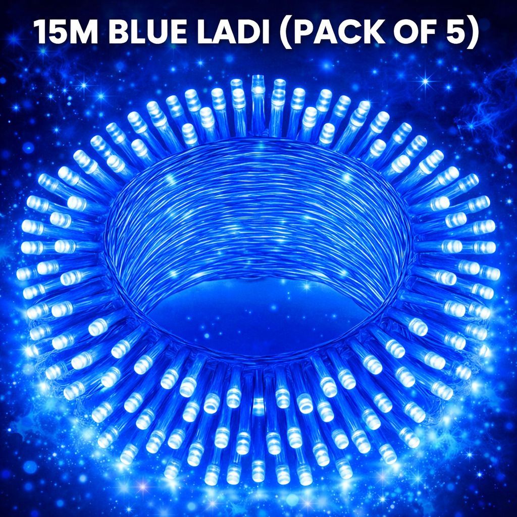 SPARKWORLD 11 Meter Blue LED Ladi Lights | (Pack of 5) | 150+ LEDs | Steady Glow | Decorative String Lights for Home, Festivals | Size: 15 M