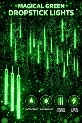 SPARKWORLD Green Dropstick Meteor Shower LED Lights 8 Tubes | Rainfall Effect Decorative Lights for Trees, Outdoor & Festive Lighting (24 LEDs, 30cm Each)