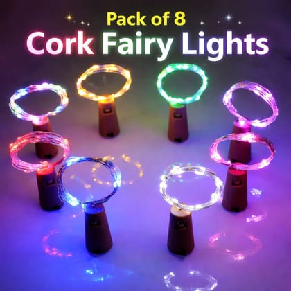 SPARKWORLD Multicolor LED Cork Fairy Lights (Pack of 8) Bottle String Lights for Decoration, Parties, DIY & Festive Gifting | Size: 1.98 m