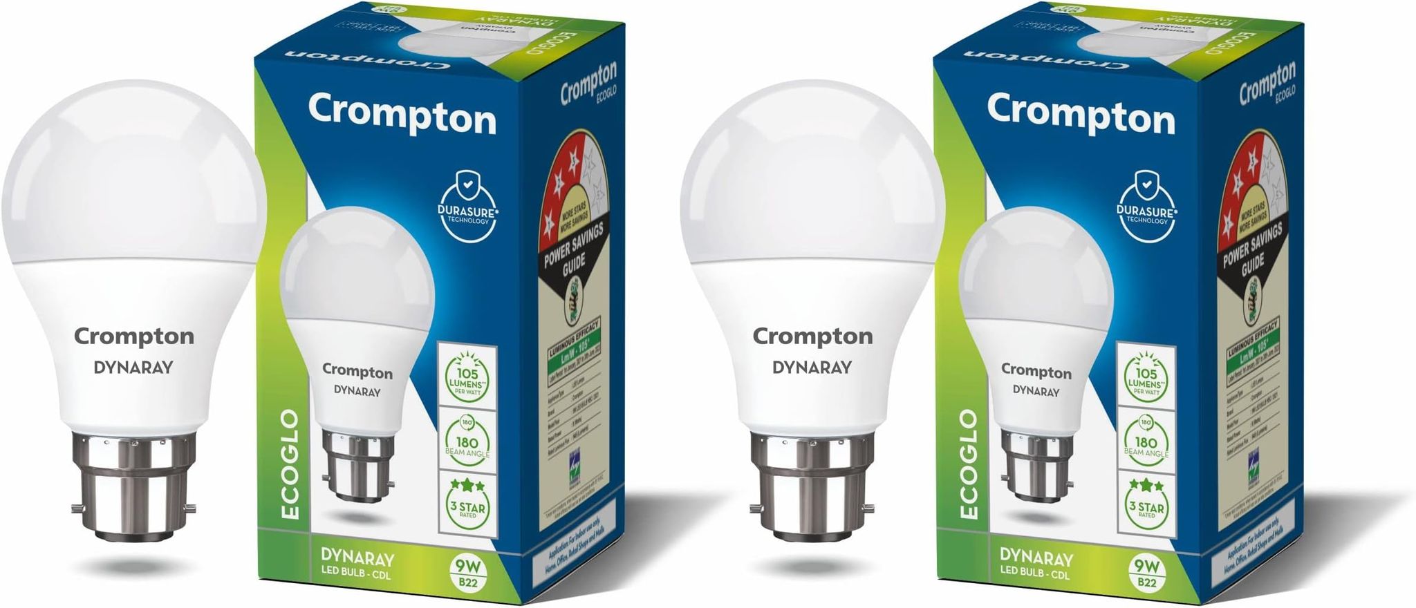 Crompton DynaRay 9W LED Bulb | Cool Day Light | B22 Base | Pack of 2 | High Voltage & Surge Protection