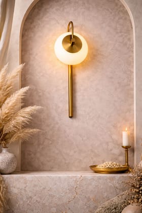 SPARKWORLD Modern Brass Finish Wall Light with Opal Glass Globe | Decorative Wall Lamp for Bedroom, Living Room & Corridor (Warm White) | Colour: Halo (Golden Body)