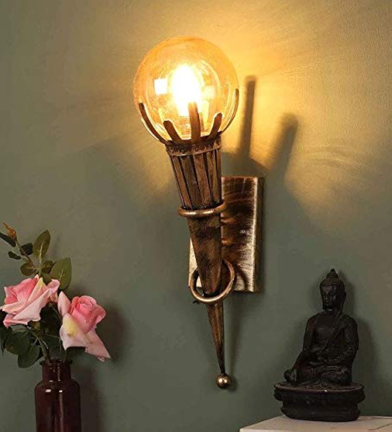 SPARKWORLD Wall Mashal Antique Wall Lamp | Golden Finish Torch Style Light Fixture for Living Room, Temple, Bedroom & Home Decor