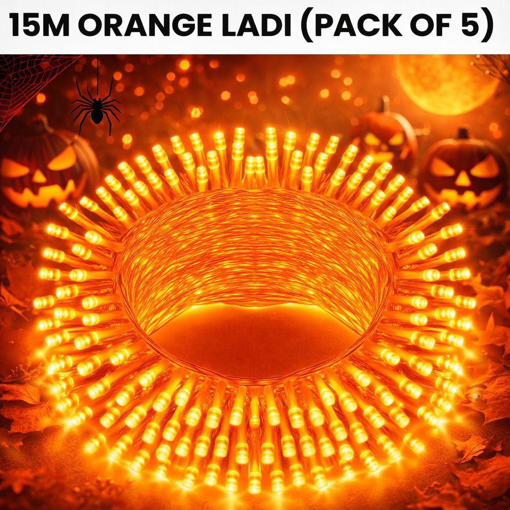 SPARKWORLD (Pack of 5), 11 Meter Orange LED Ladi | Decorative Rice Lights for Diwali, Wedding, Balcony, and Outdoor Decoration | Steady Glow | Size: 15 M