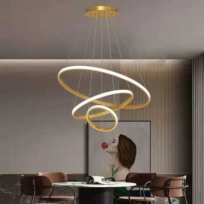 SPARKWORLD Modern Spiral Ring LED Chandelier | Gold Finish 3-Tier Hanging Light for Dining Room, Living Room & Hotels | Colour: RIng Jhumar Gold