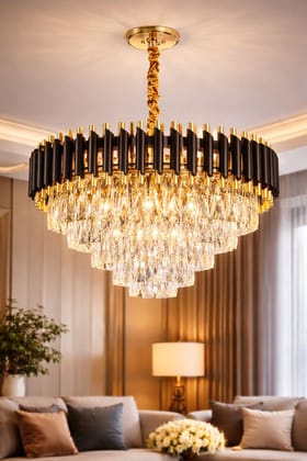 SPARKWORLD Black K-9 Crystal Pendant Aluminum (500Mm) Ceiling Light Ceiling Lamp | Size: 50X50 cm | Colour: BlackGold(500mm)