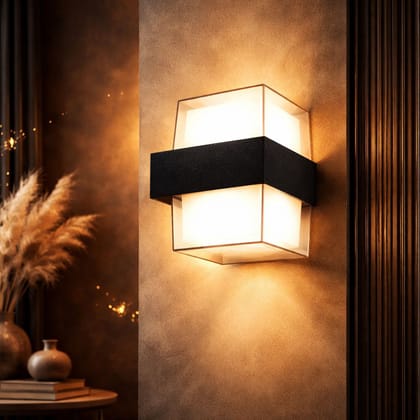 SPARKWORLD 10W LED Up Down Outdoor Waterproof Wall Light | IP65 Fancy Acrylic Square Wall Lamp for Elevation, Garden & Gate Warm White (Black Body) | Colour: Cube