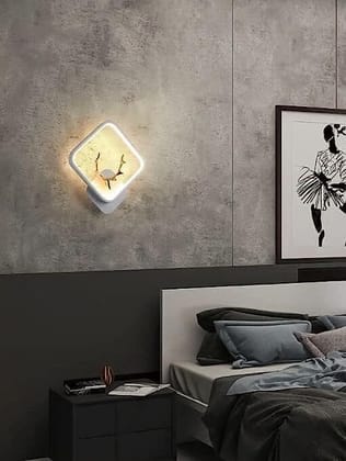 SPARKWORLD Modern White Deer Design Square Wall Lamp | LED Decorative Night Light for Bedroom, Living Room & Home Decor | Size: 25X30 cm | Colour: Square White