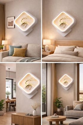 SPARKWORLD Decorative LED Dancing Deer Square Wall Light Warm White | Artistic Acrylic Panel | Modern Home Decor Light | Pack of 1 | Size: 19X4.5 cm | Colour: Square Reindeer (White)