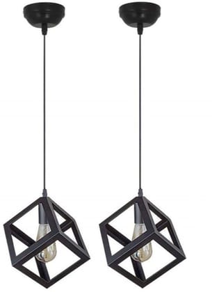 SPARKWORLD (Pack of 2) Geometric Cube Pendant Lights Black Industrial Hanging Lamps, E27 Base (Bulbs Not Included) | Size: 24X27 cm | Colour: Cube (Pack of 2)