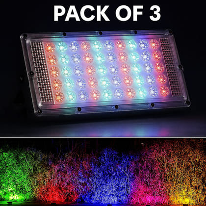 SPARKWORLD RGB LED Remote-Controlled Flood Lights (Pack of 3) | Waterproof 50W Multicolor Decorative Outdoor Lights for Garden, Wall, Stage & Events | Colour: Multicolor (Pack of 3)