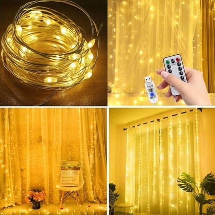 SPARKWORLD Warm White LED Curtain String Lights with Remote & USB | Decorative Fairy Lights for Wall, Window, Festive Decor & Parties | Size: 3 m | Colour: Yellow