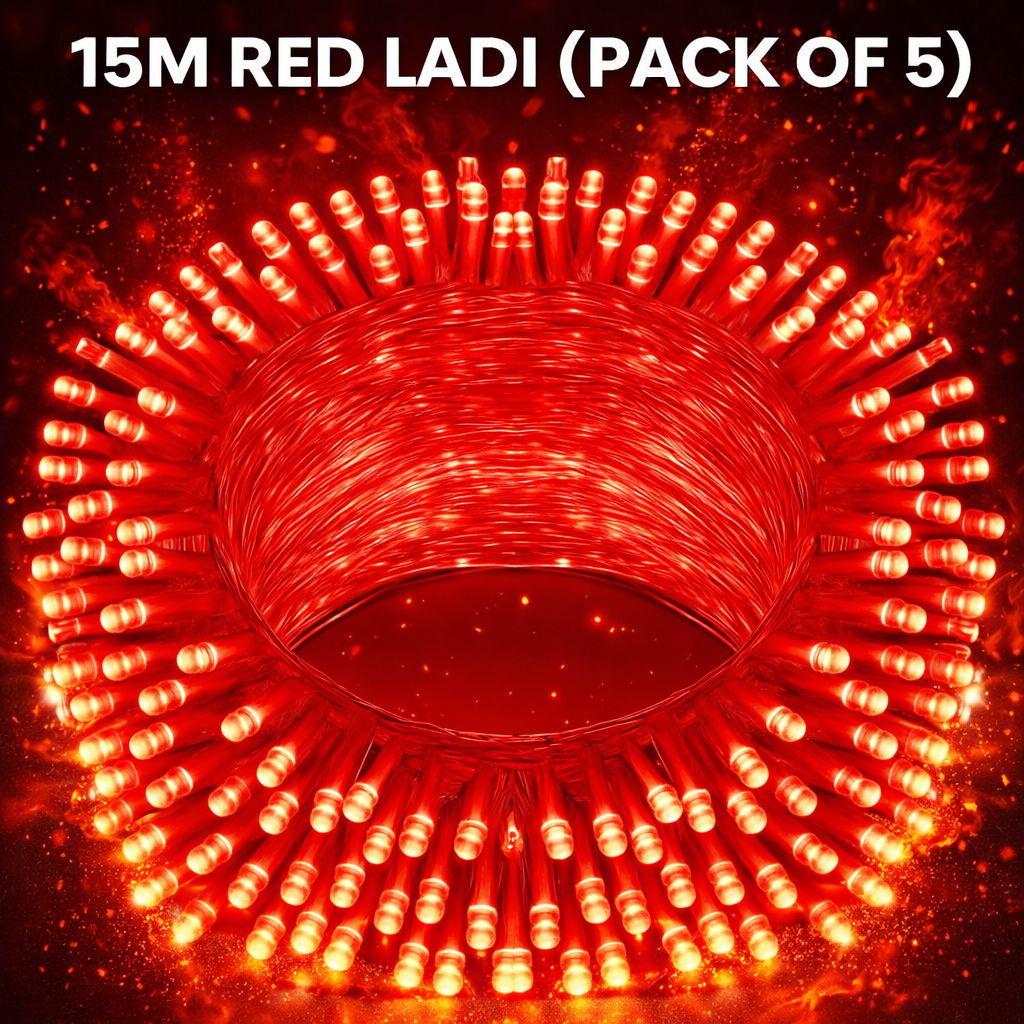 SPARKWORLD 11 Meter Red LED Decorative Ladi Light (Pack of 5) | Free Jointer (7+1) | Bright Festival & Wedding Lighting for Outdoor & Indoor Use | Size: 15 M
