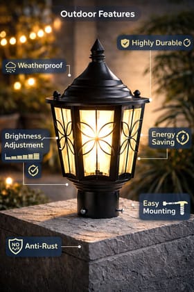 SPARKWORLD Waterproof Maharaja Round Outdoor Gate Light | Black Finish Garden Lamp for Gate, Pole & Outdoor Use Clear Glass | Colour: 522 Gate Light