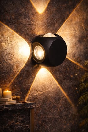 SPARKWORLD 6W 4-Way Round LED Wall Light Warm White, Black Finish, IP65 Waterproof | Size: 7X9 cm