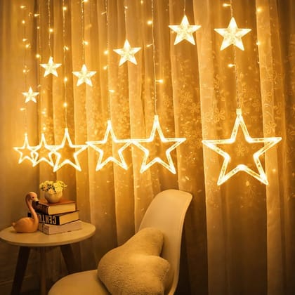 SPARKWORLD Star Curtain String Lights | 12 LED Stars | Warm White Hanging Fairy Lights for Diwali, Christmas & Home Decor (7.5 Feet, Plug-in) | Size: 3.51 m | Colour: Yellow