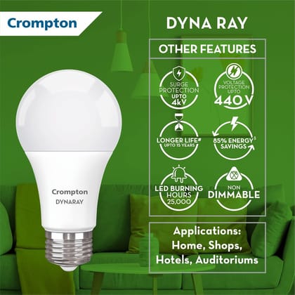 Crompton Dyna Ray 9W LED Bulb | Cool Day Light | B22 Base | 180 Beam Angle | Surge & Voltage Protection (Pack of 1)