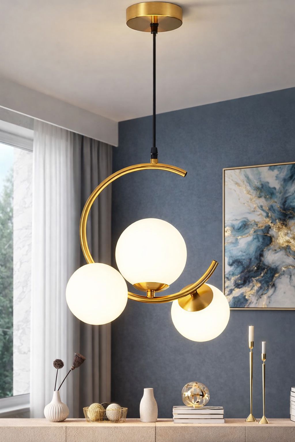SPARKWORLD 3-Moon Pendant Hanging Ceiling Lamp Brass Effect | Frosted Glass Shade | Modern Hanging Light for Bedroom, Living Room, Caf & Hall | Colour: Golden