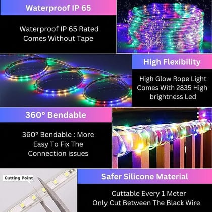 SPARKWORLD Multi-Color LED Neon Rope Light IP65 Waterproof Flexible Tube with 20-Mode Inline Controller & Mounting Clips | Size: 25 M