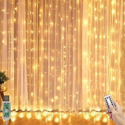 SPARKWORLD Warm White LED Curtain String Lights with Remote & USB | Decorative Fairy Lights for Wall, Window, Festive Decor & Parties | Size: 3 m | Colour: Yellow