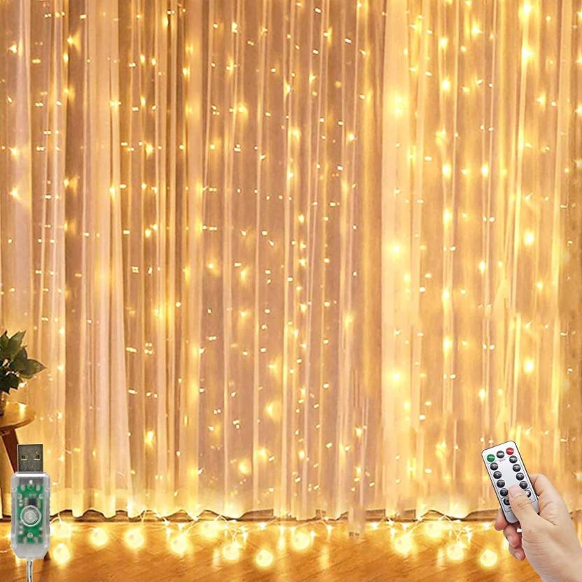 SPARKWORLD Warm White LED Curtain String Lights with Remote & USB | Decorative Fairy Lights for Wall, Window, Festive Decor & Parties | Size: 3 m | Colour: Yellow